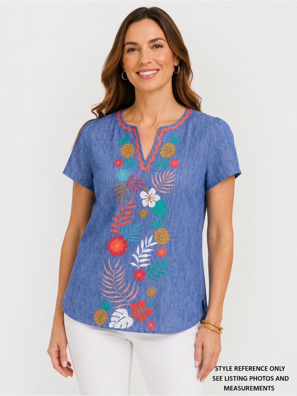 Talbots Plus 1X Linen Cotton Embroidered Tropical Pineapple Top NWT